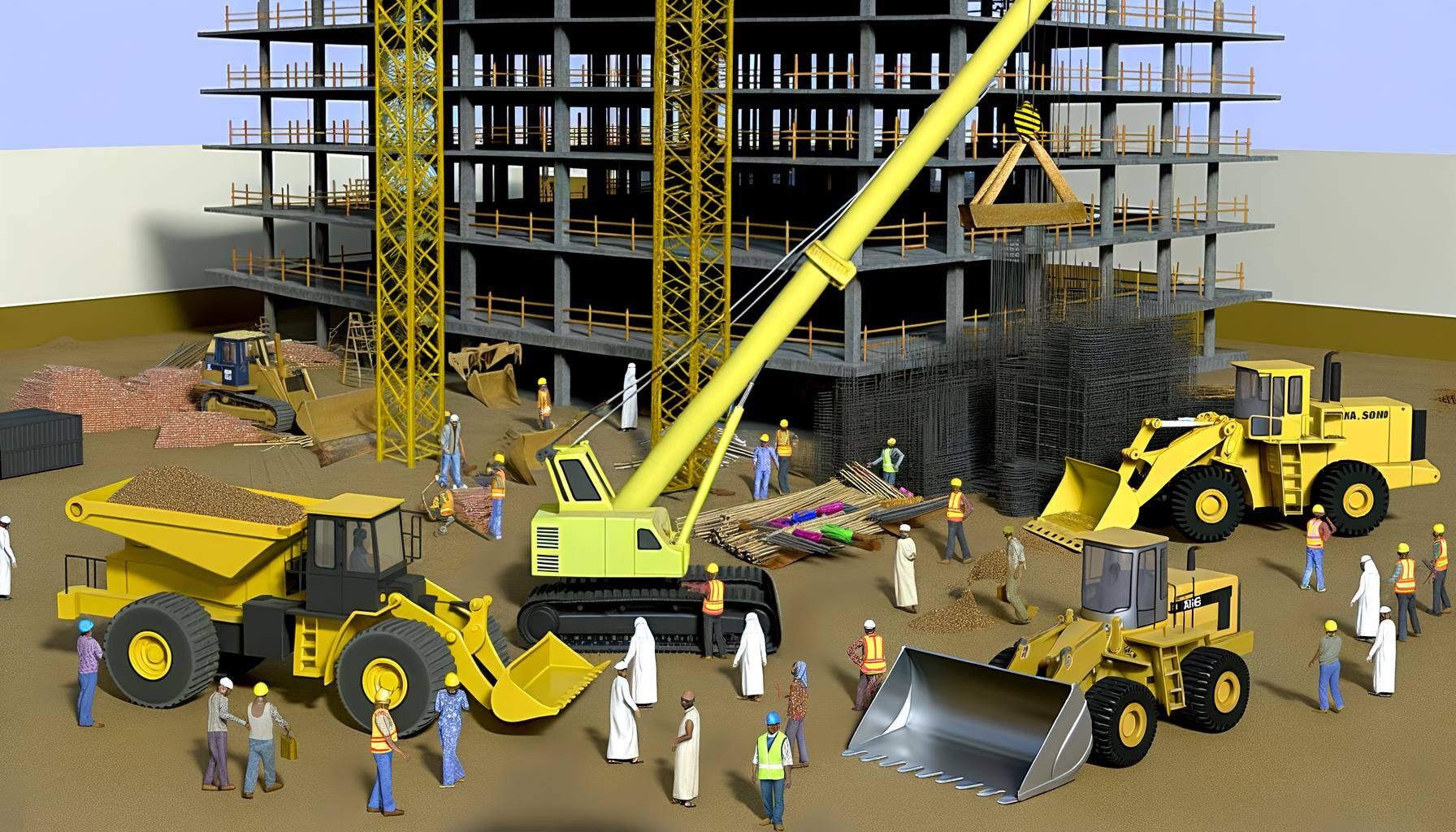 Visualize a busy construction site with various types of machinery at work. There's a towering bright yellow crane lifting heavy steel beams toward the top of a skeletal high-rise. Nearby, a bulldozer, its body sharp black against the dusty scene, is shoving debris to one side. A silver front-end loader is hauling bricks, while several workers, in safety vests of different colors, helmets, and boots are busily coordinating the equipment operations. A Middle-Eastern woman directs the crane operations while a South Asian man manages the bulldozer area. This lively and industrious scene is brimming with action.