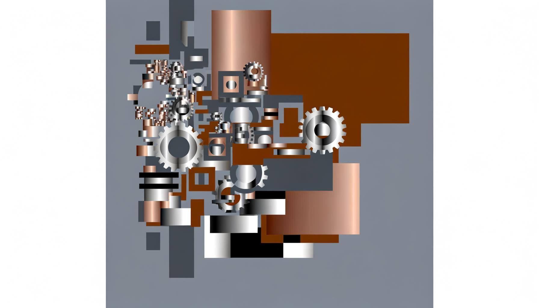 Visualize an abstract design that could be the logo for a renowned company specializing in earthmoving equipment. The design should suggest power, stability, and innovation, reflecting the company's industry and brand. It might incorporate elements such as gears, strong shapes like rectangles, or representations of earth and machinery. The dominant colors could be copper and steel grey that denote the robust heavy machinery.