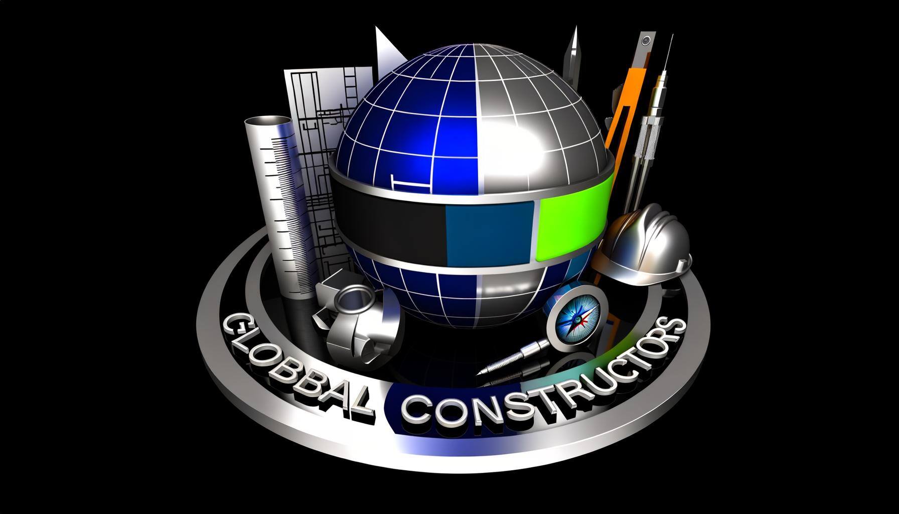 A highly detailed image of a construction company's logo. The center design element should be a sophisticated rendering of architectural design equipment - a blueprint, a compass, and a construction helmet. The color palette should consist mainly of strong, contrasting colors like dark blue, silver, and a hint of fluorescent green to evoke professionalism and modernity. The name of the company ('Global Constructors') should be written in thick, bold letters underneath the design. The font should be simple and easily legible, giving a feel of sturdiness and reliability. Imagery related to construction and design should dominate the logo.